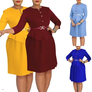 D595 New Arrival Autumn Dresses Women Casual Elegant 3/4 Sleeve High Waist Pleated Office Dress Women African Dresses for Women
