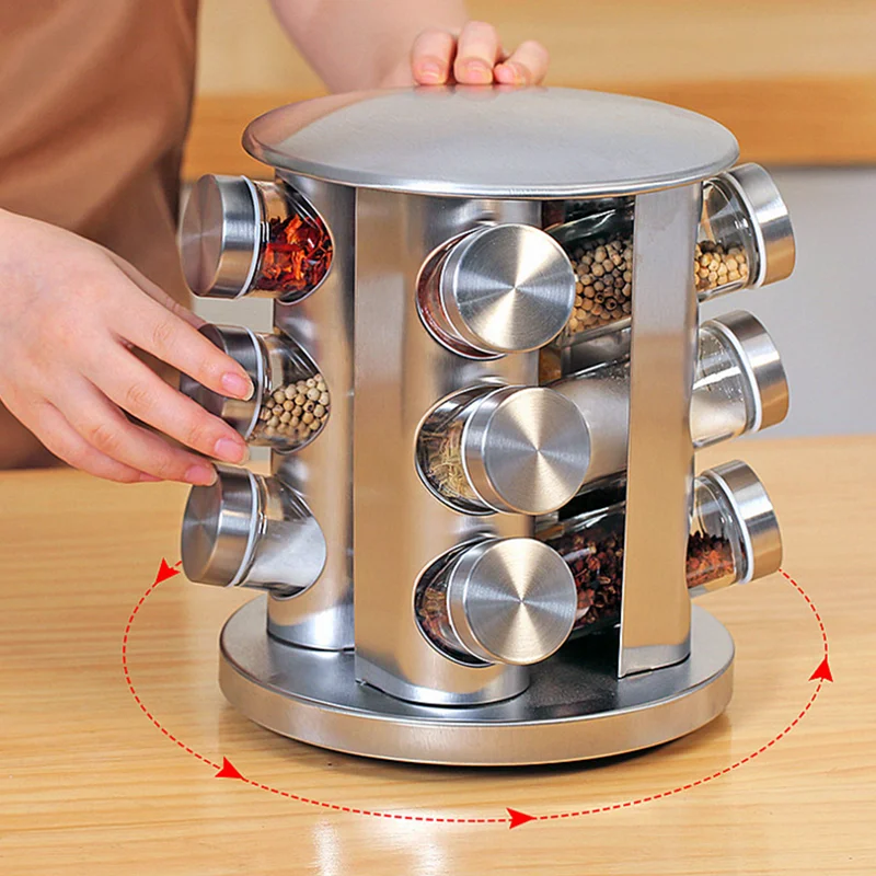 12-Jar Stainless Steel Revolving Countertop Spice Rack Tower Standing Type Metal Kitchen Cabinet Organizer