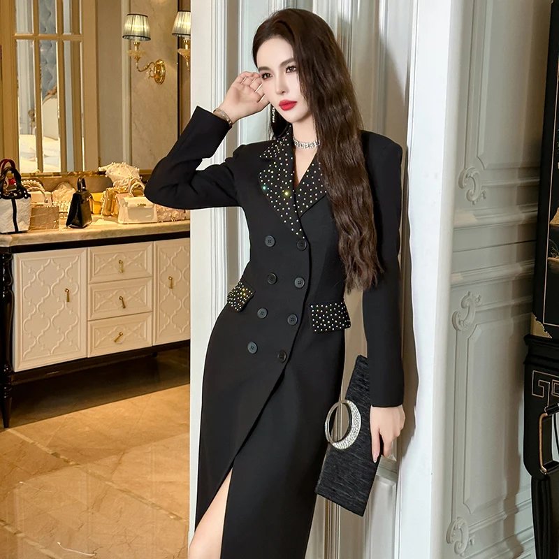 ZYHT 30573 Office Ladies Lapel Collar Double Button Blazer Dress Polka Dots  Black Bodycon Long Pencil Dress
