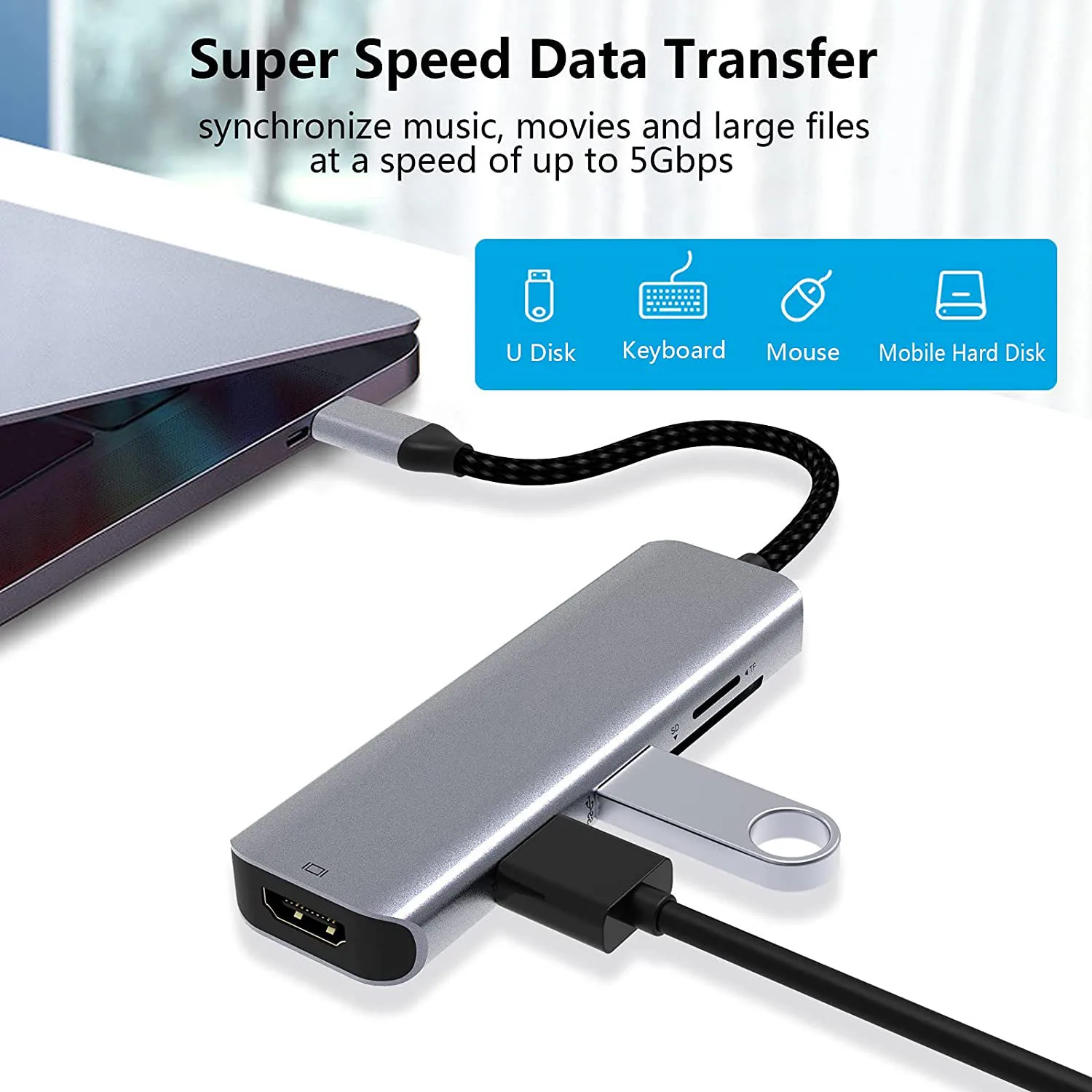 5 в 1 USB-C Hub адаптер переменного тока TF/SD кард-ридер USB-2.0 USB-3.0 USB Type-C на HDMI совместим с 3 ноутбуки