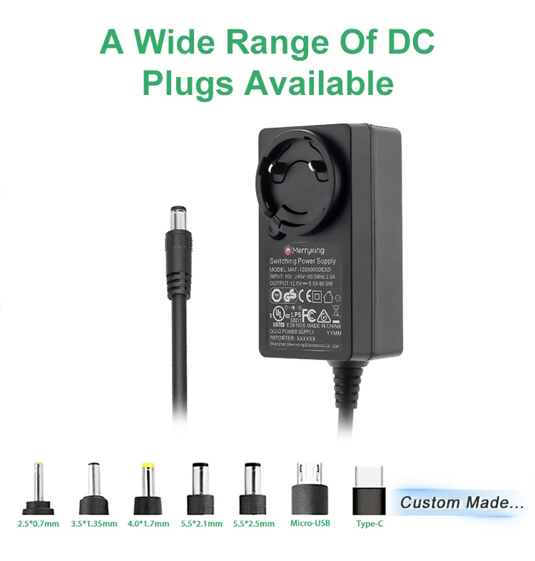 24V 2.5A 60W wall mount power supply universal interchangeable plugs 5.5*2.1*10mm with UL CE FCC RoHS approval factory