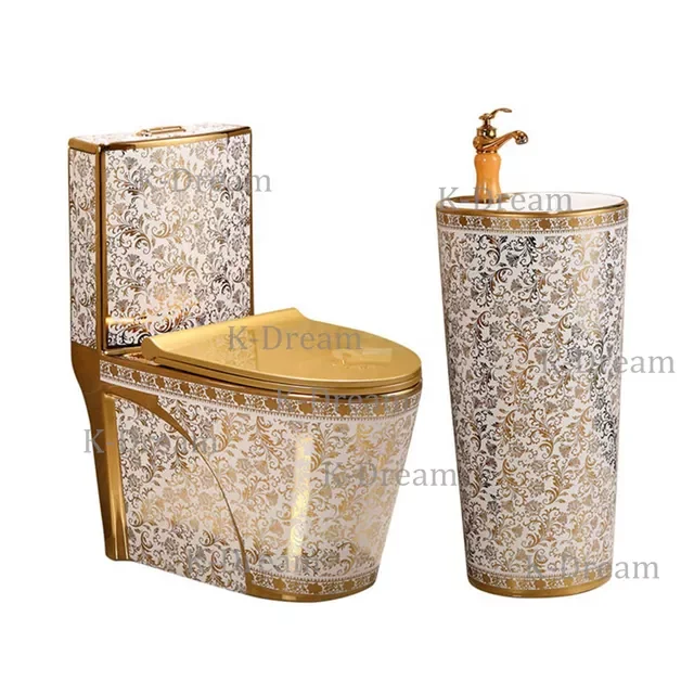 Royal vintage golden plated color bathroom sanitary ware luxury toilet bowl  and pedestal wash basin sink ceramic gold toilet set