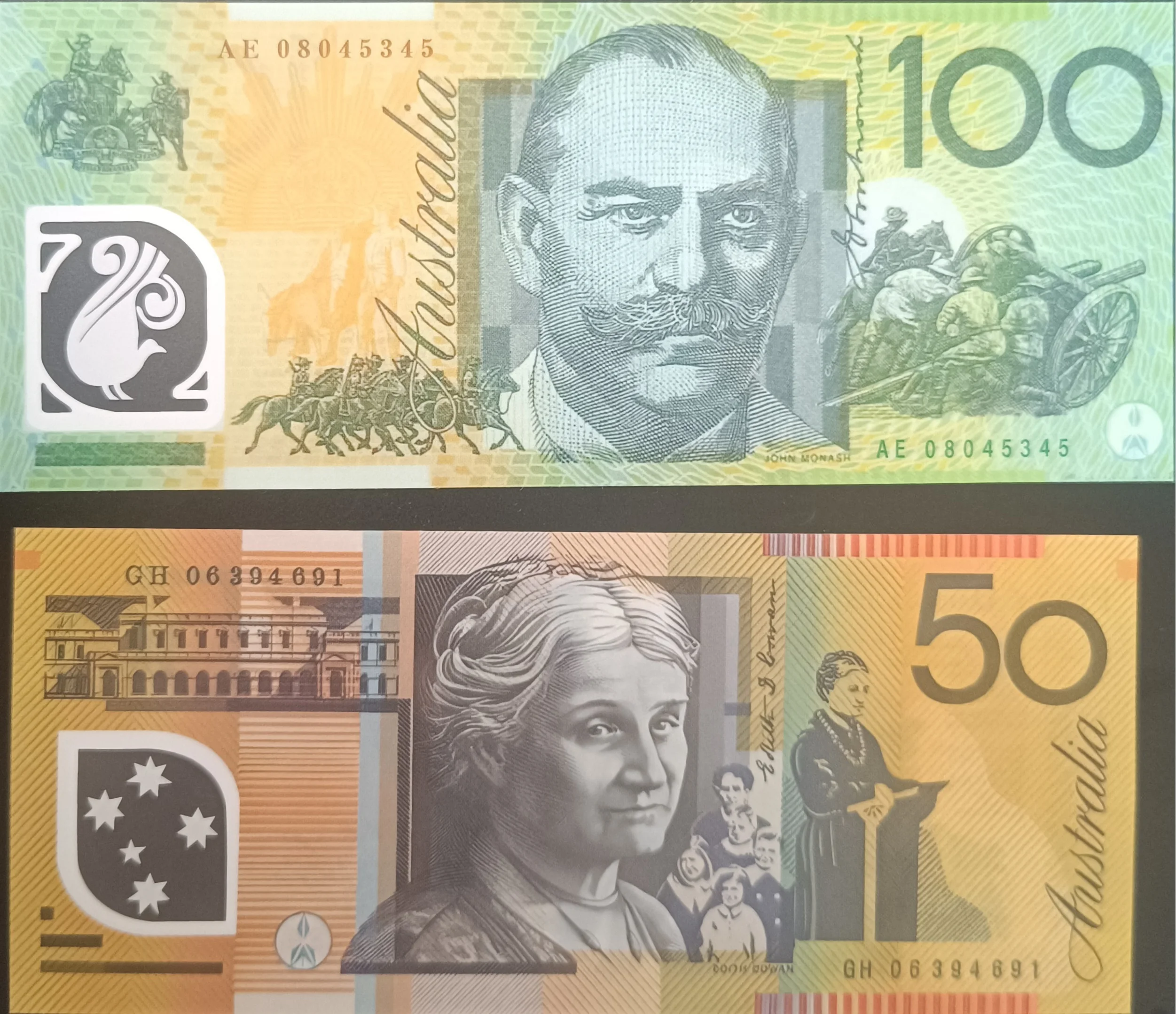 澳大利亚 50 美元和 100 美元聚合物仿真纸币，带透明窗口，数字印刷，逼真设计