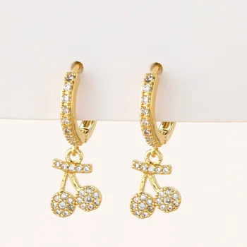 2024 Fashion 18k Gold Plating Plant Cherry Fruit Huggie Anchor Earring for Zircon Women Jewelry