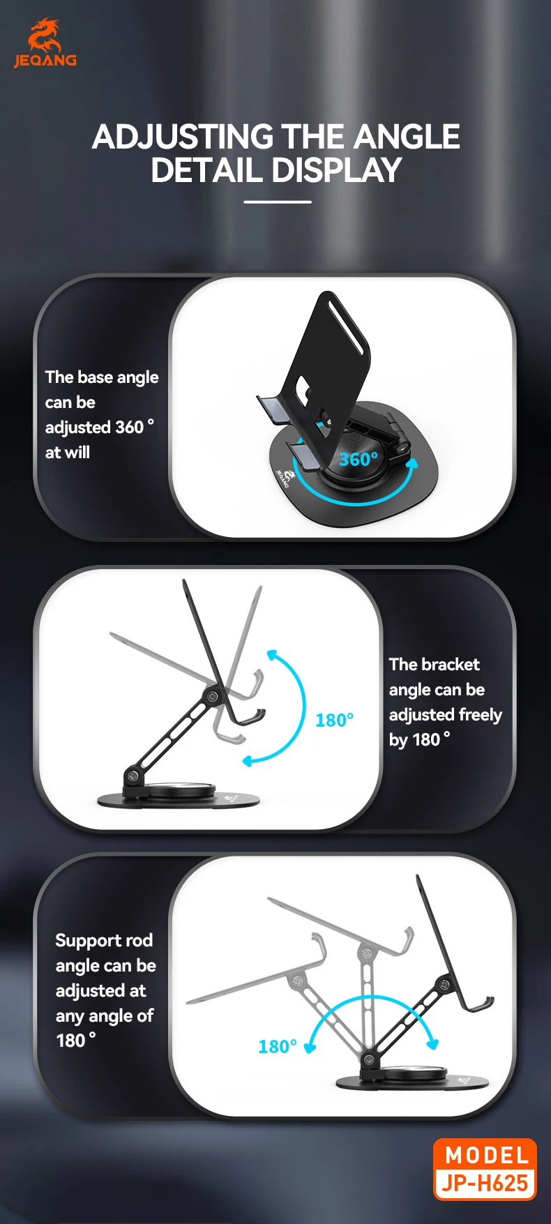 Jeqang JP-H625 Metal Phone Stand Waterproof Flexible Folding Rotation Convenient for Desk Use TV Watching Mobile Phone Access