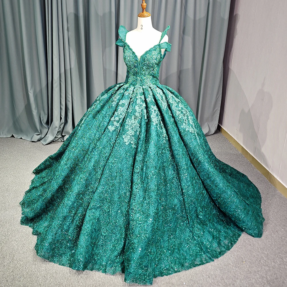 Jancember 9899 Exclusive Dark Green Lace Tulle Fabric Flower Quinceanera  Dresses