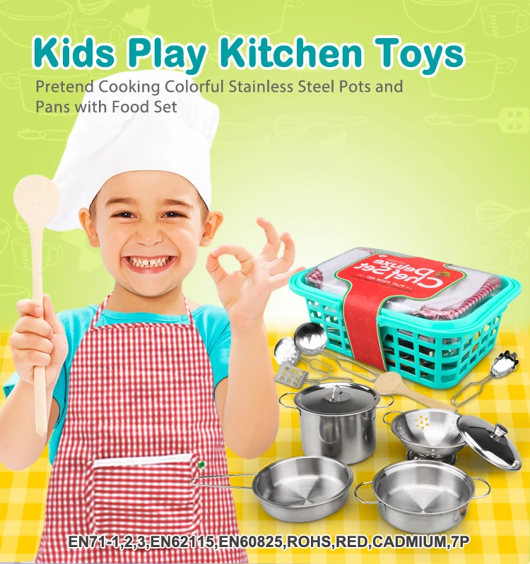 14pcs Kids Pretend Play Set Stainless Steel Pots and Pans Cookware Kitchen Toys 