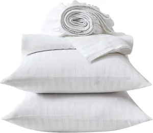 White 100% Cotton Satin Stripe Hotel Bedding Set 1cm Stripe Design 4 Piece Set Fitted Bottom Sheet Soft Feel