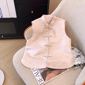 New Chinese Women'S Embroidered Vest Spring and Fall Casual Plate Button Jacquard Sleeveless Jacket Retro Blouse Tang Suit