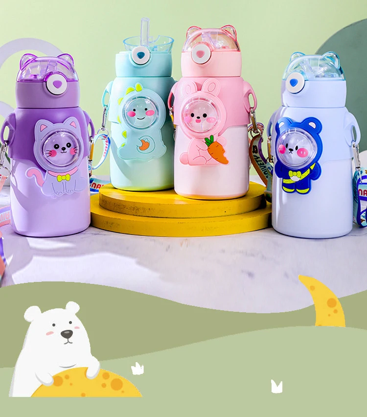 Большая емкость, милая детская бутылка для воды, термос с соломинкой, детская чашка из нержавеющей стали