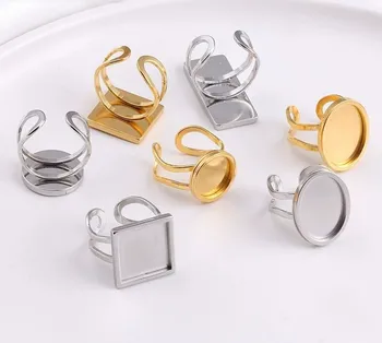 18K Gold Plated Large Oval Resin Tray Bezel Ring Setting DIY Laser Logo Open Ring with Stainless Steel Flat Blank Base