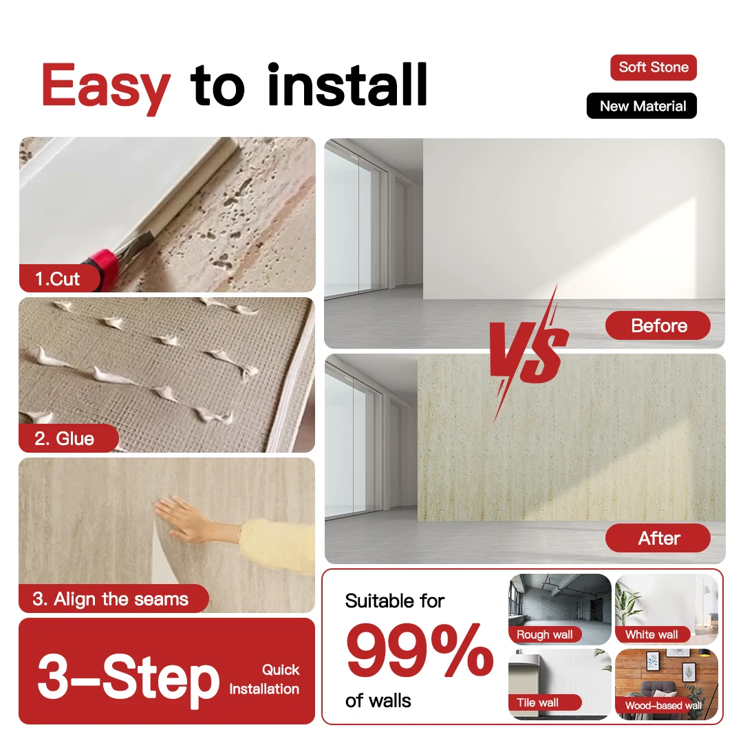 Free Samples Travertine Stone Table Texture Design Floor Wall Soft Ceramic Tile Flexible Stone Veneer Stripe