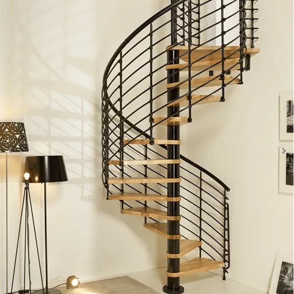 DB Modern Indoor Solid Wood Tread 80mm Carbon Steel Railing 89*4mm-114*4mm Center Beam With Carbon Steel Railing Spiral Stairs