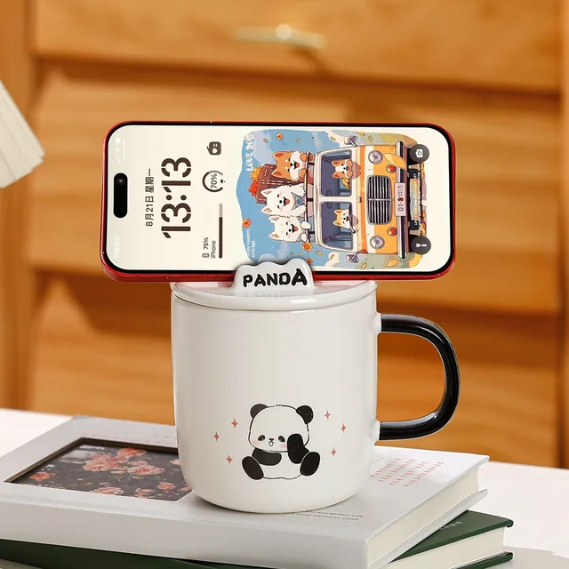 Cute Panda Mug with Lid and Spoon Can Support Mobile Phone Office Home Ceramic Cup