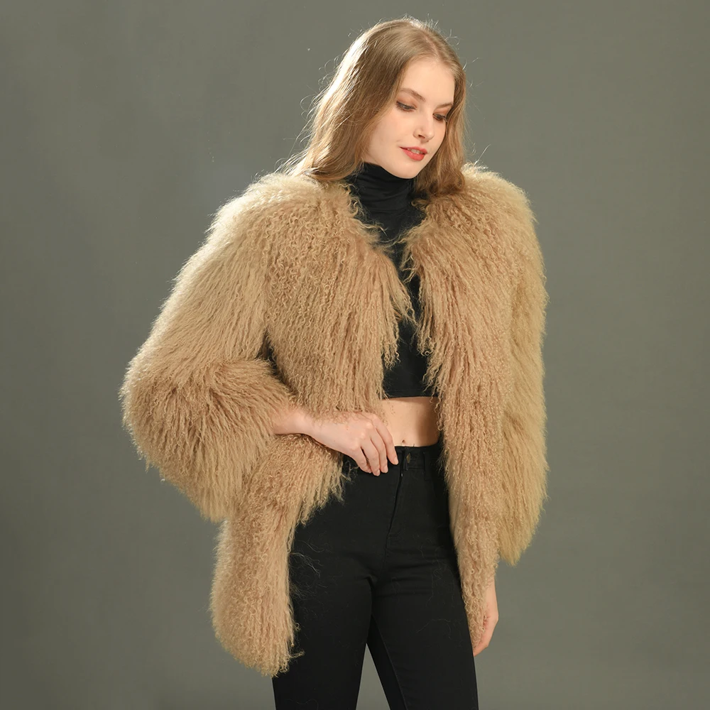 Women Long Hair Natural Sheep Fur Coat Real Lamb Fur Jackets Fashion Lady Orange Real Fur Coat Manufactures