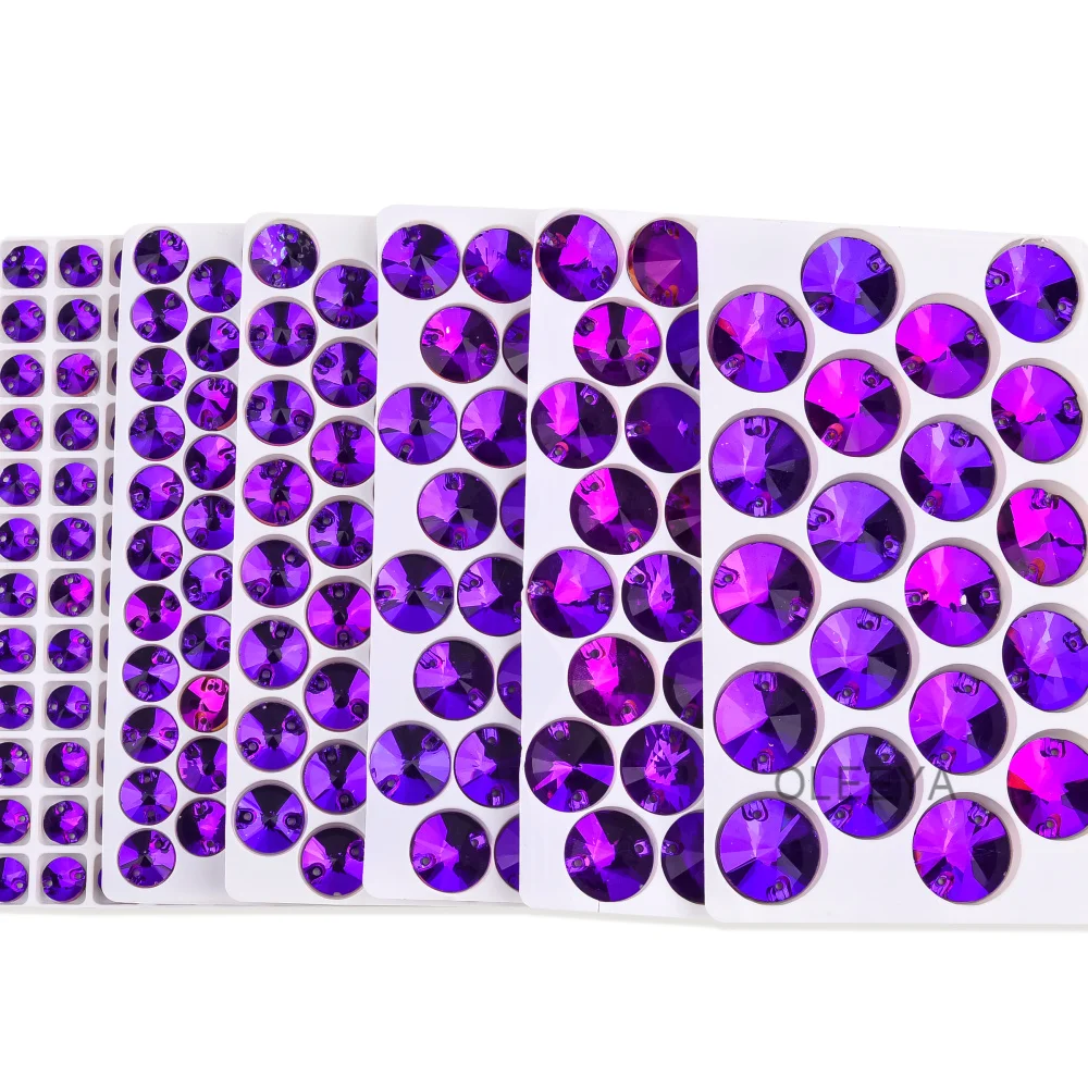Wholesale 3A Glass Sew on Rhinestones Purple Velvet Sewing Strass 8mm to 18mm  Rivoli Silver Base for Bikinis