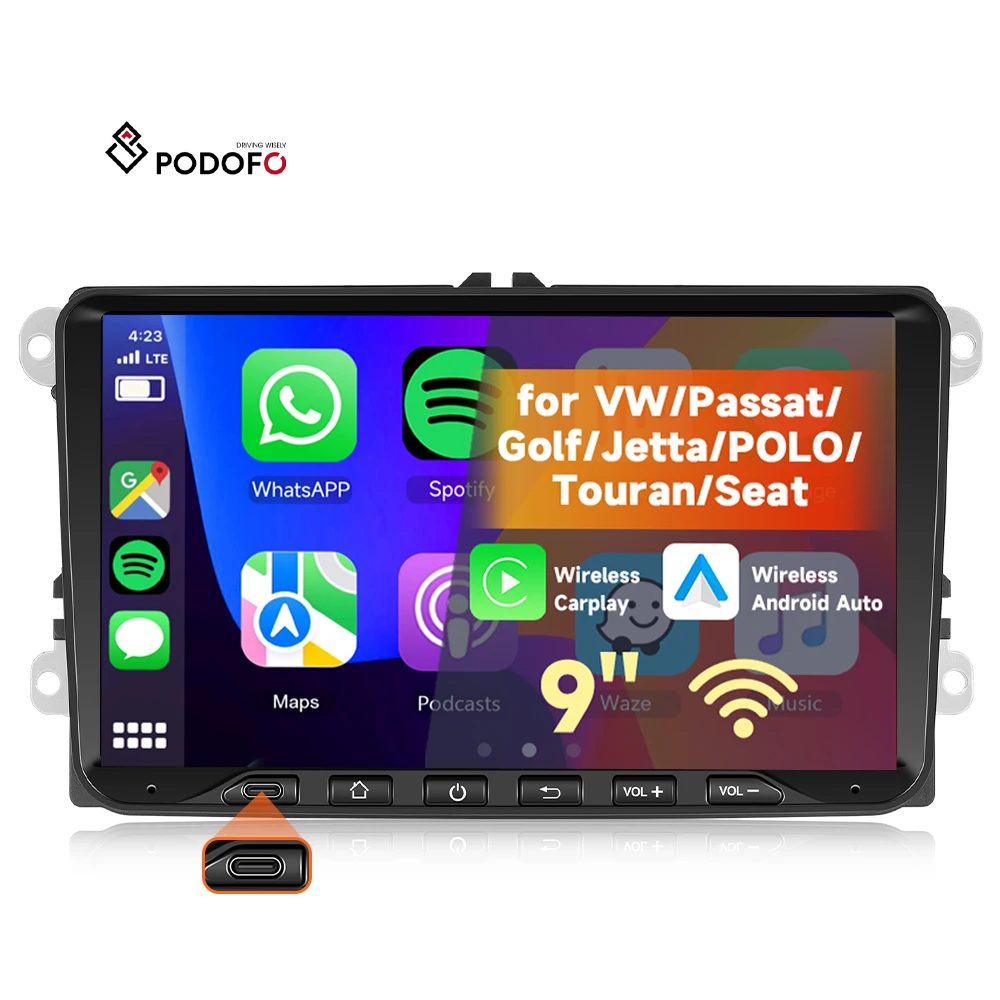 Podofo Android Car Radio 9'' 4+64G Wireless CarPlay/Android Auto GPS WIFI Front Type C for Volkswagen/Seat/Skoda/POLO/Touran ODM A4121