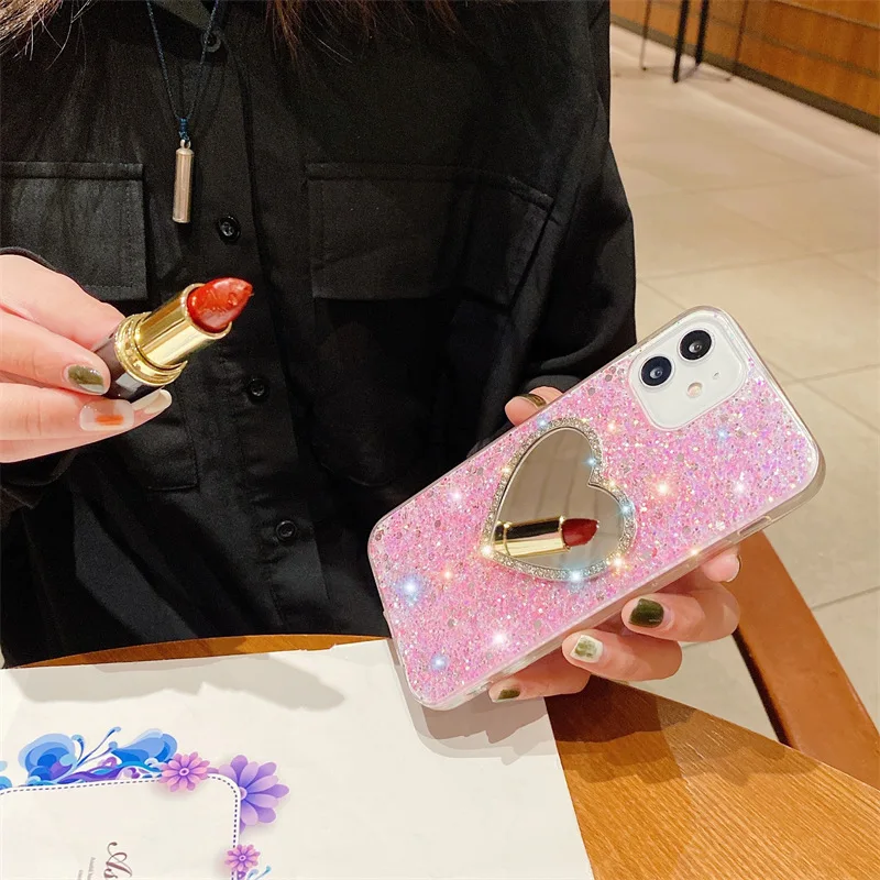 Luxury Diamond Marble Love Makeup Mirror Phone Case for iPhone 14 13 Pro Max 12 11 6 S 7 8 Plus X XR XS Max details