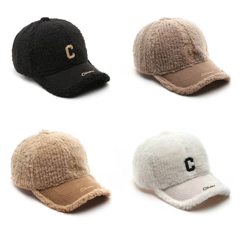Warm Winter Lamb Wool Outdoor Travel Caps Solid Color Plush Fleece Embroidered Logo Letters Baseball Hat for Men Women
