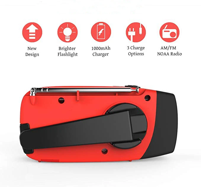 Great One Emergency Hand Crank Self Powered AM/FM NOAA Solar Weather Radio with LED Flashlight 1000mah Power Bank for iPhone/Smart Phone-red 