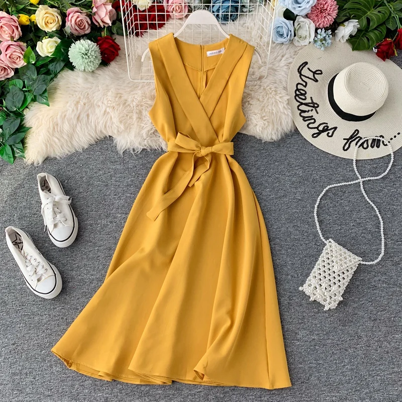 Vintage V Neck Slim Pleated Bandage Dress Summer Party Midi Long Dress tank  Dress Women Elegant Vestido De Festa