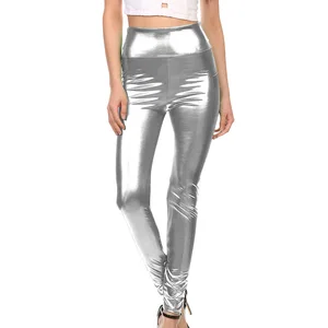 Metal Colored High Waisted Faux Leather Pants Fashionable Stage Party Bottom with Shiny Pockets Nine Point Thin Thickness