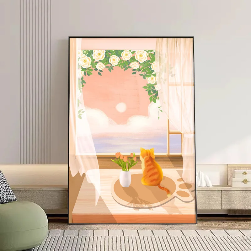 Orange Tabby Cat Wall Art Canvas Print Blooming White Flowers Green Foliage Warm Beige Background Minimalist Whimsical