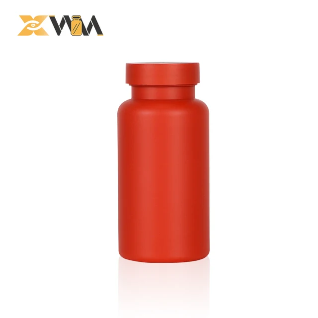 150ml plastic PET RED medicine pill capsule bottle soft touch film process food grade super food vitamin nutrition custom cap