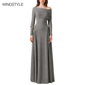Women's French Sling Long Dress Asymmetrical Neckline Pleated Woven Solid Lag Shoulder Design for Day Parties Spring Autumn