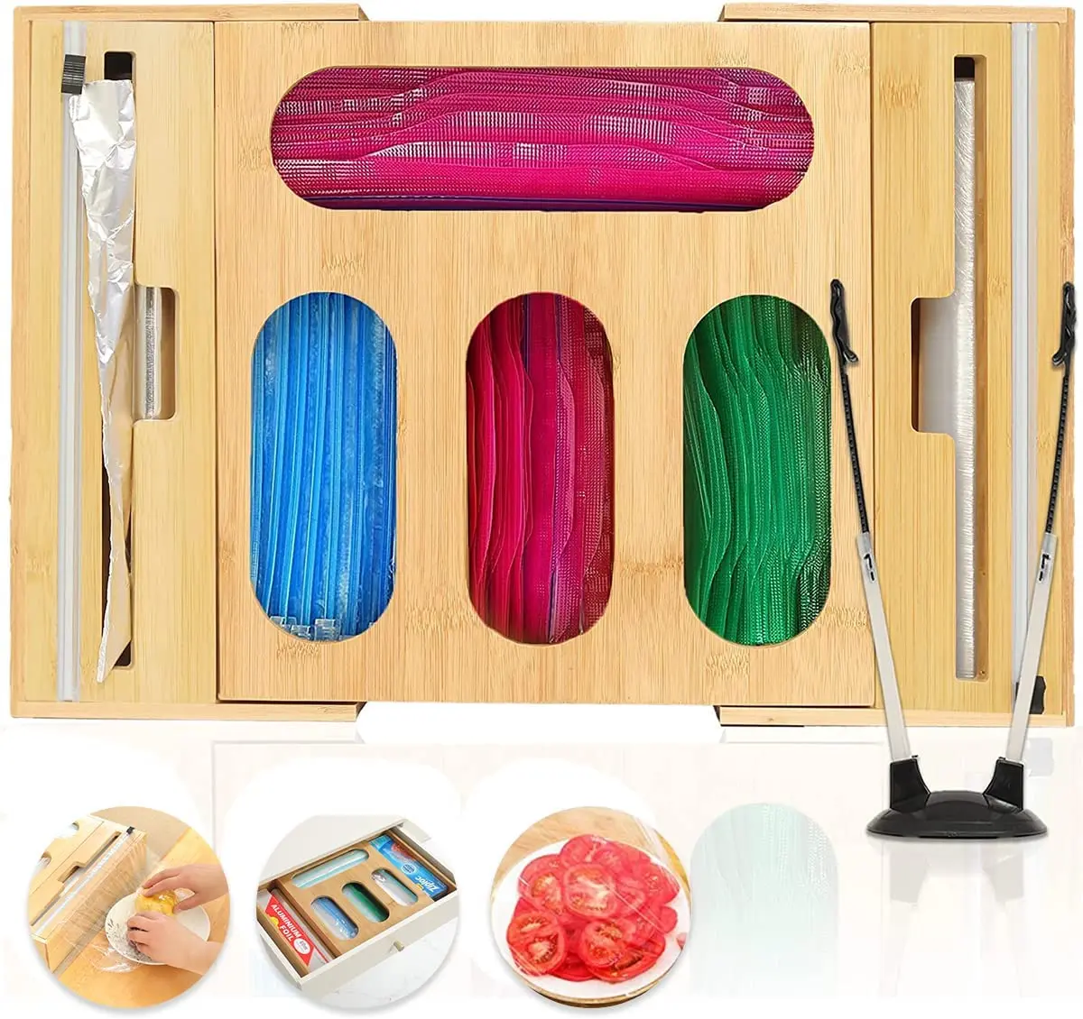 Modern Expandable Bamboo Storage Bag Organizer with Foil and Plastic Wrap Holder Lacquer Technique for Kitchen Sundries