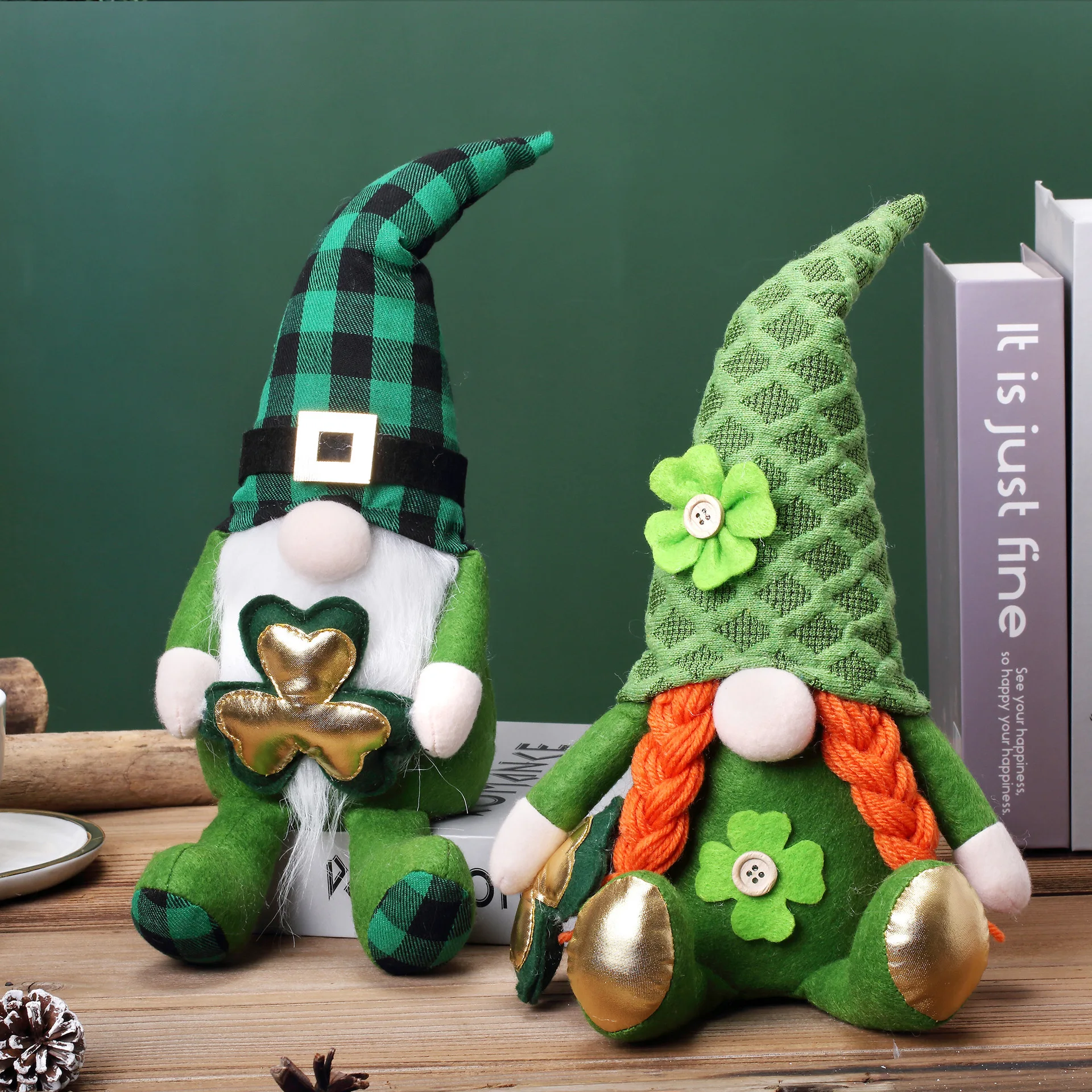 CustomPlushMaker: St. Patrick's Day Cotton Props - No Face Shamrock Knit Hat Couple Plush Toy Wholesale:sample