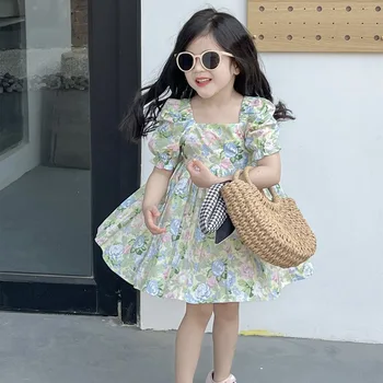 2024 Summer Children's wear new product Girl's French square collar floral backless dress holiday dress Princess
