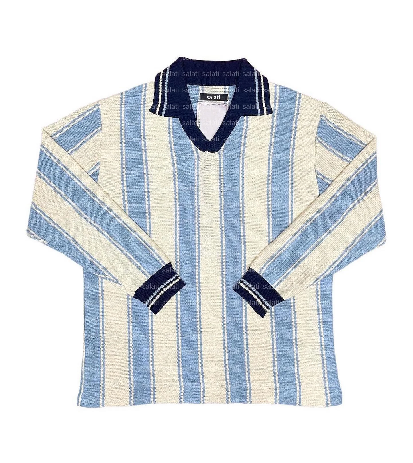 Custom Heavy Cotton Stripe Oversized V Neck Drop Shoulder Tshirts Polo Long Sleeve Tshirt Knit Sport Football Jersey T-shirt Men