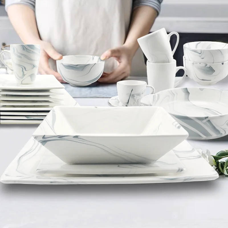 Marble 16pcs Ceramic Dinner Sets Luxury Sustainability
