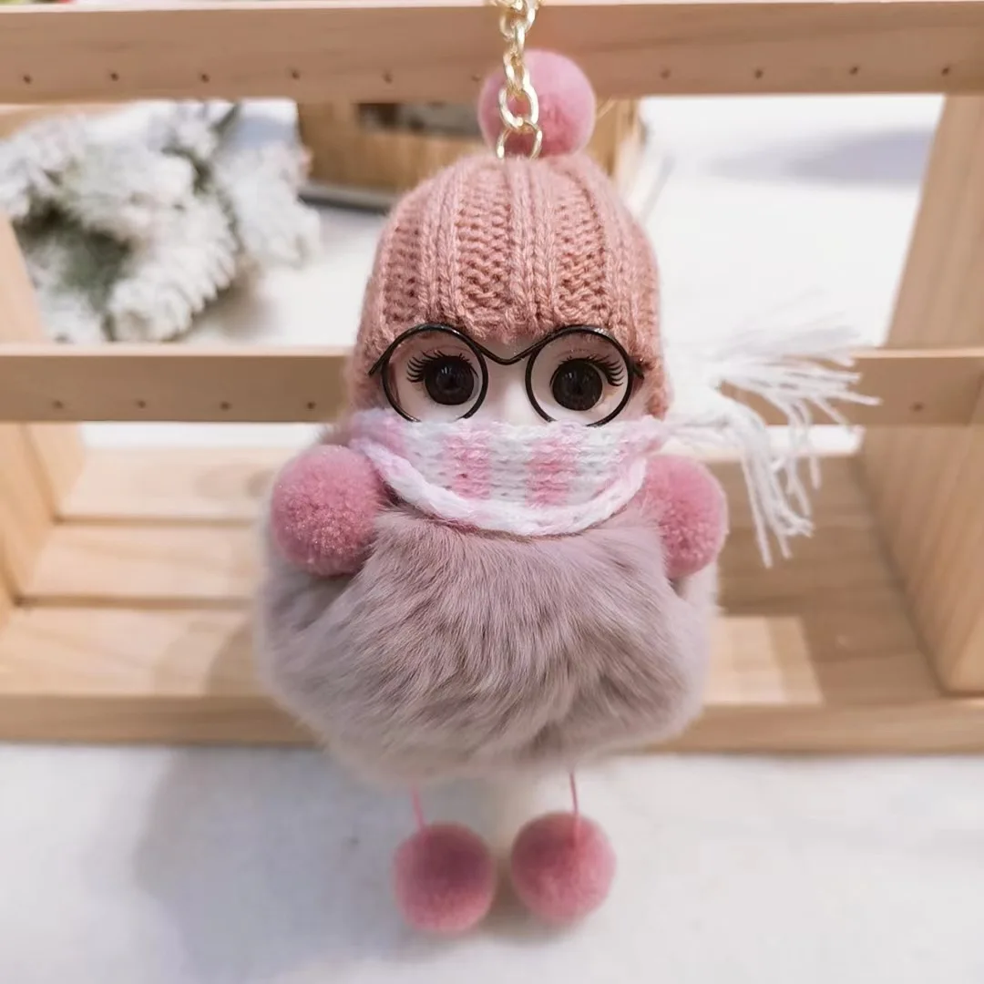 Kawaii doux Dormir Bébé Poupée avec des lunettes Porte-clés En Peluche Poupée En Fourrure De Lapin Porte-clés sac Pendentif pom pom dormir porte- clés en peluche