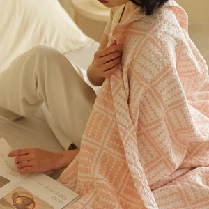 New Style Cotton 3 Layers Breathable  Gauze Throw Towel Blanket Geometric Patterns for Adults