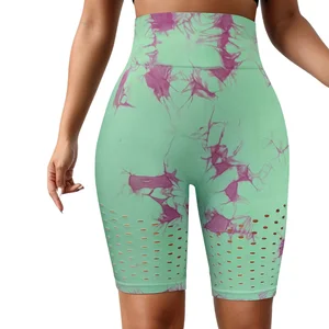 Seamless Tie Dye Hollow Out Breathable Slim Fit High Waist High Stretch Butt Lifting Yoga Sports Shorts for Women