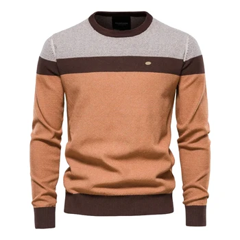 High Quality Men Brown Gray Green Cotton Crew Neck Knitted Pullover Casual Knit Sweater
