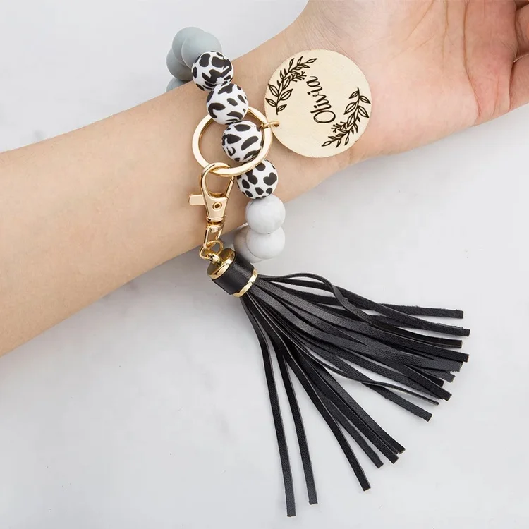Bracelet Porte-clés En Silicone élastique Avec Perles Imprimé Léopard - Pour Femme, Comprend 2 Anneaux à Clés, Mignon Et Pratique