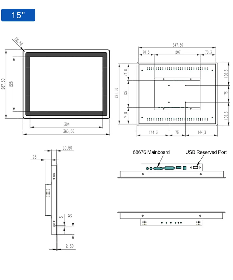 15 Inch HD VGA Waterproof Pure Flat Touch Screen Panel Embedded Industrial Grade LCD Monitor Industrial Computer Accessory