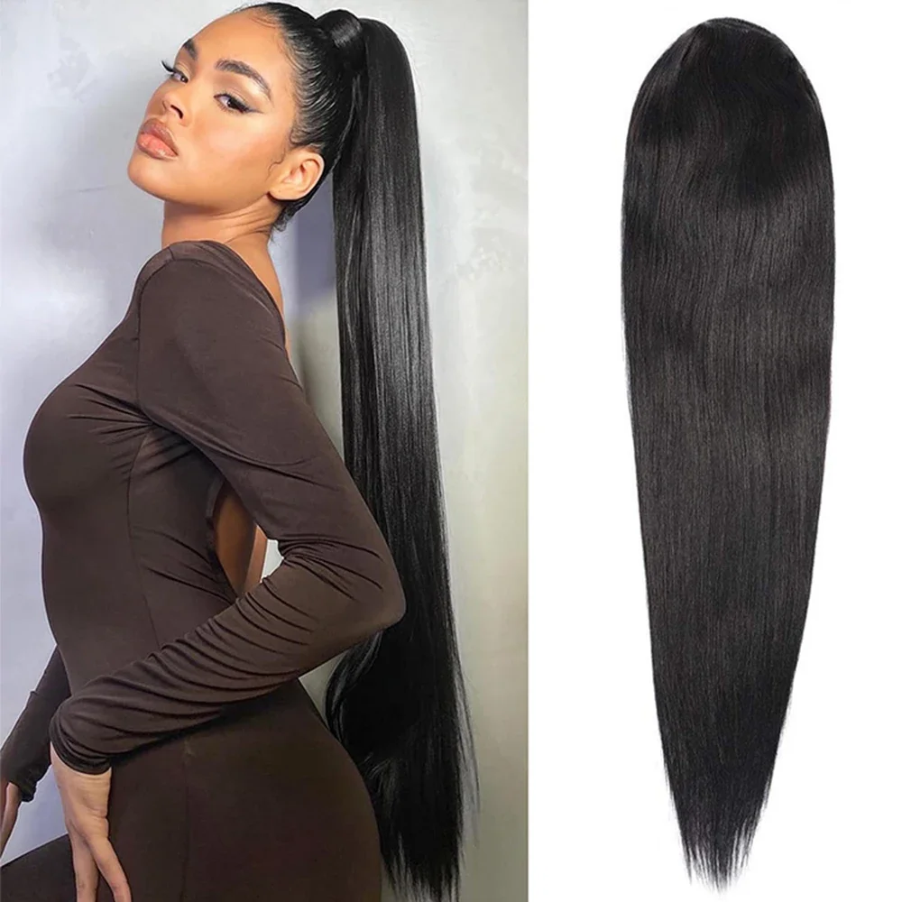 Human Hair Ponytail Extension Long Straight Drawstring Hair Piece_voghion.com