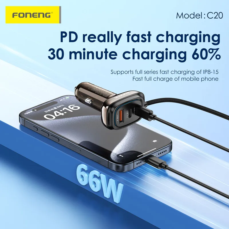 Foneng 2024 Top Selling Build In Cables C20 A+c+c 3-port Car Charger ...