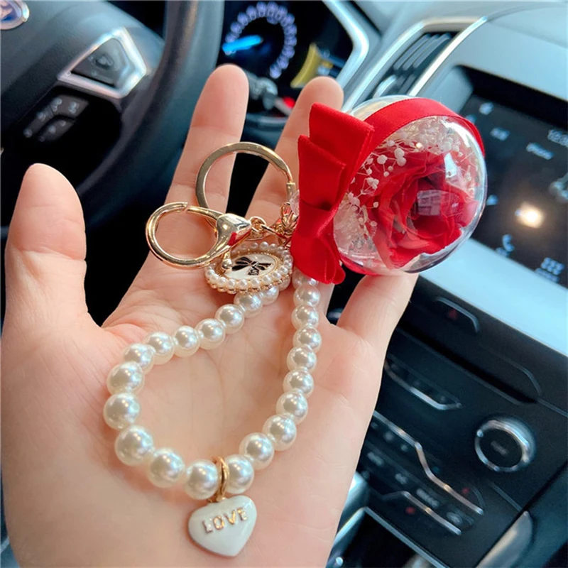 product factory wholesale preserved rose everlasting flower acrylic ball key chain for women girls car hanging valentines day gift-61