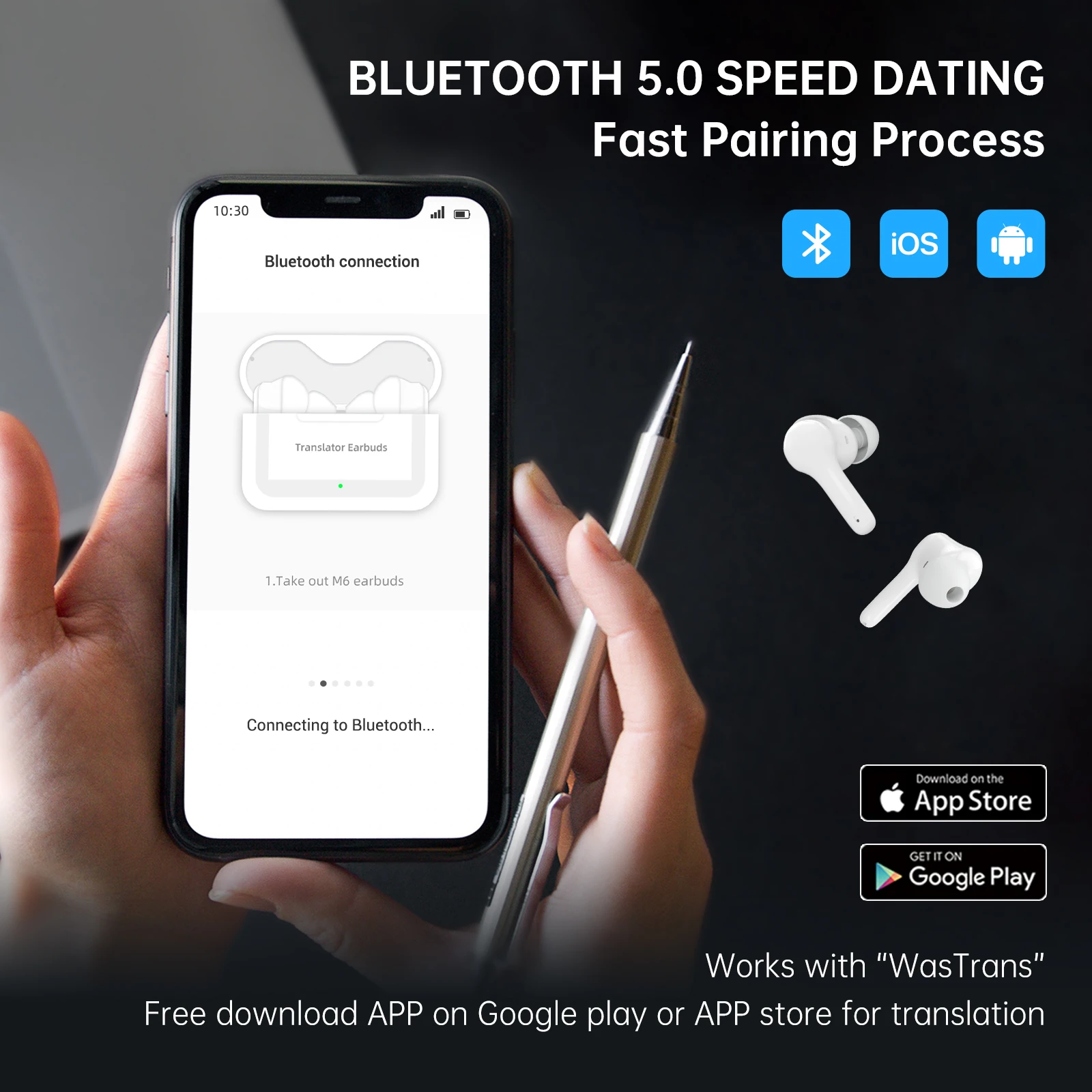 Wooask M6 AI Translator Earbuds Real Time Two-way Voice Translator Headphones 144 Languages&8 Offline Translator Device
