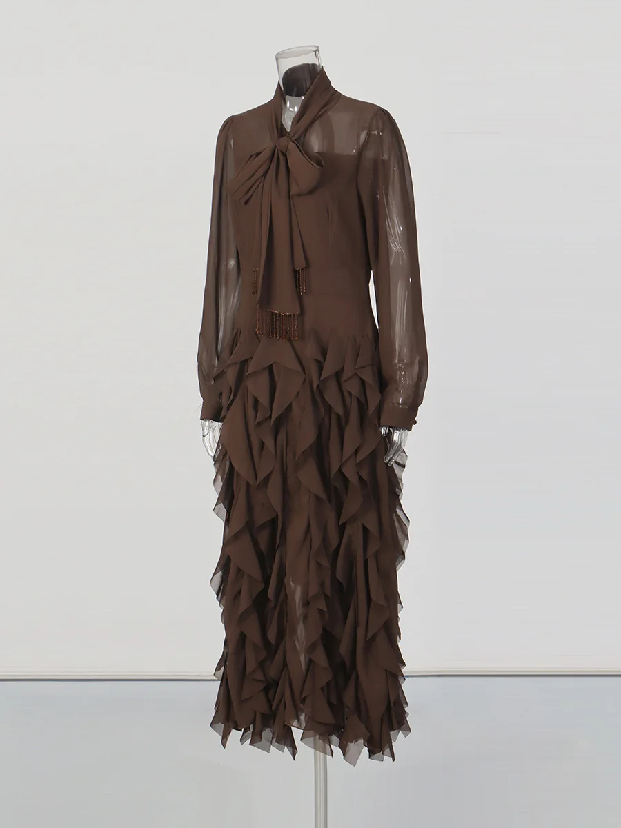 Womens Elegant Brown Chiffon Ruffle Maxi Dress Long Sleeve Pussy Bow Tie Neck Tiered Formal Cocktail Party Gown