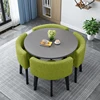 Gray round table + green fabric chairs