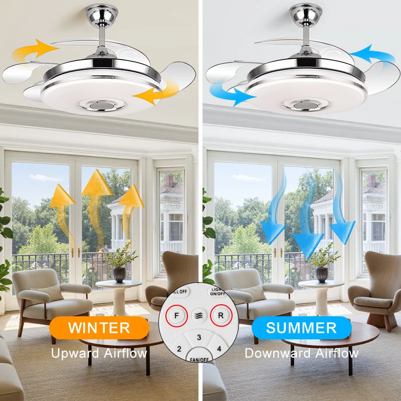 2034S 42Inch Modern Retractable Ceiling Fans with Light Speaker Music Player Chandelier 3 Colors Invisible Blades Remote Control