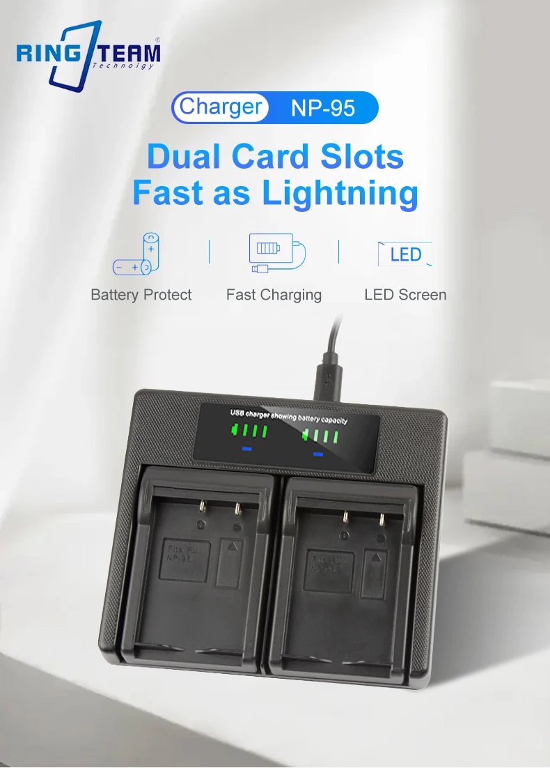 RingTeam NP-95 Dual Charger with LCD Light NP95 Battery Charger for Fuji XF10 X100 X100S X100T X70 X30 X-S1 XF10 Cameras details