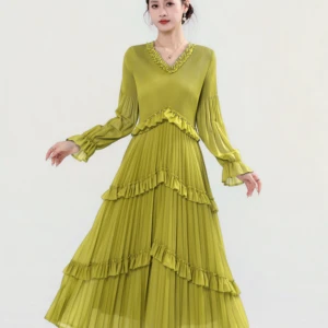 Elegant Olive Green V-Neck Beaded Dress - Tiered Ruffle Pleated Maxi Dress, Women's Long Sleeve Flowy Elegant Dress