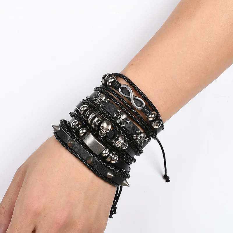 Vintage Gothic Punk Metal Skull Multilayer Leather Bracelet